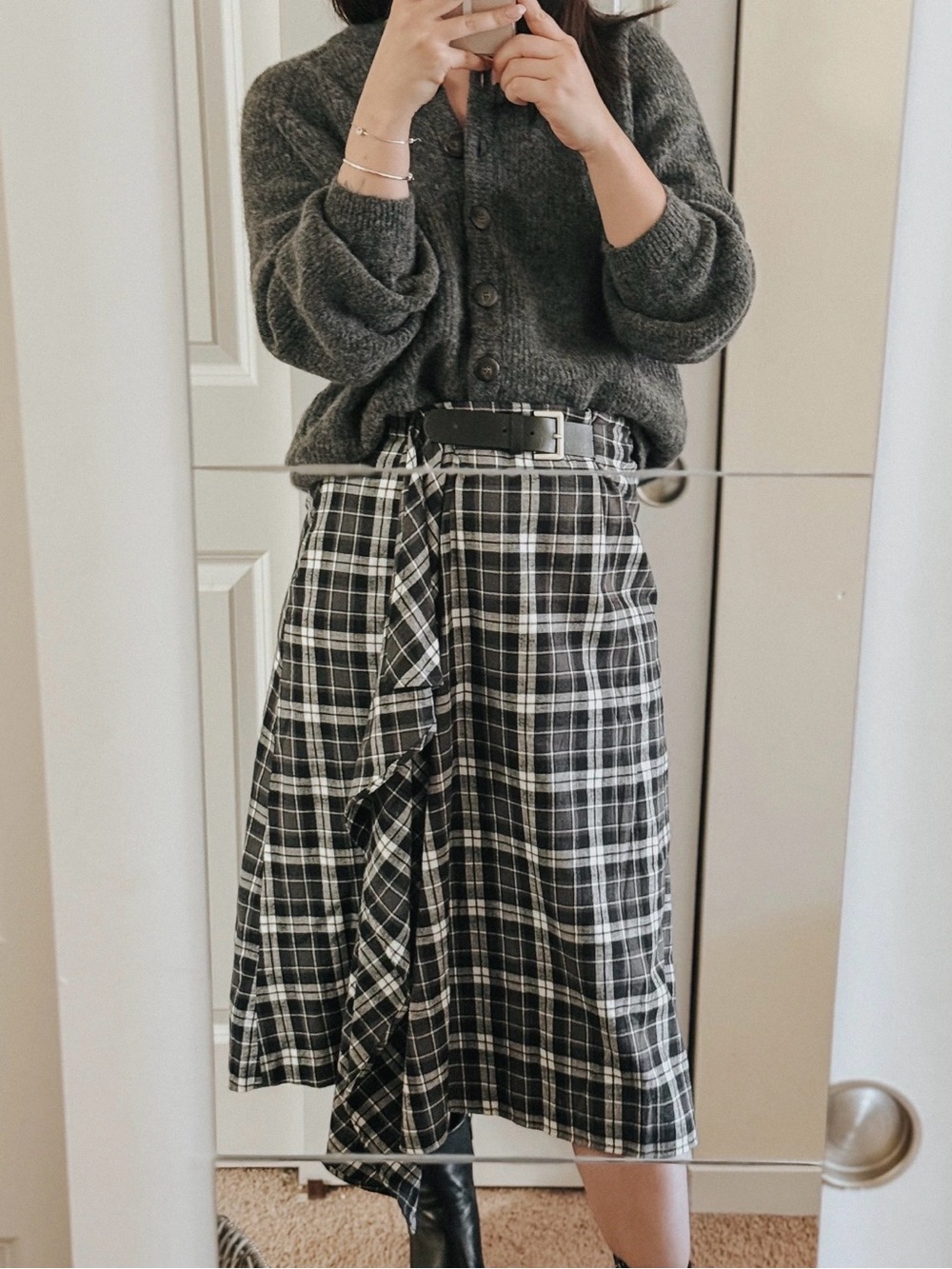 Zara Black and White Plaid A-Line Midi Skirt